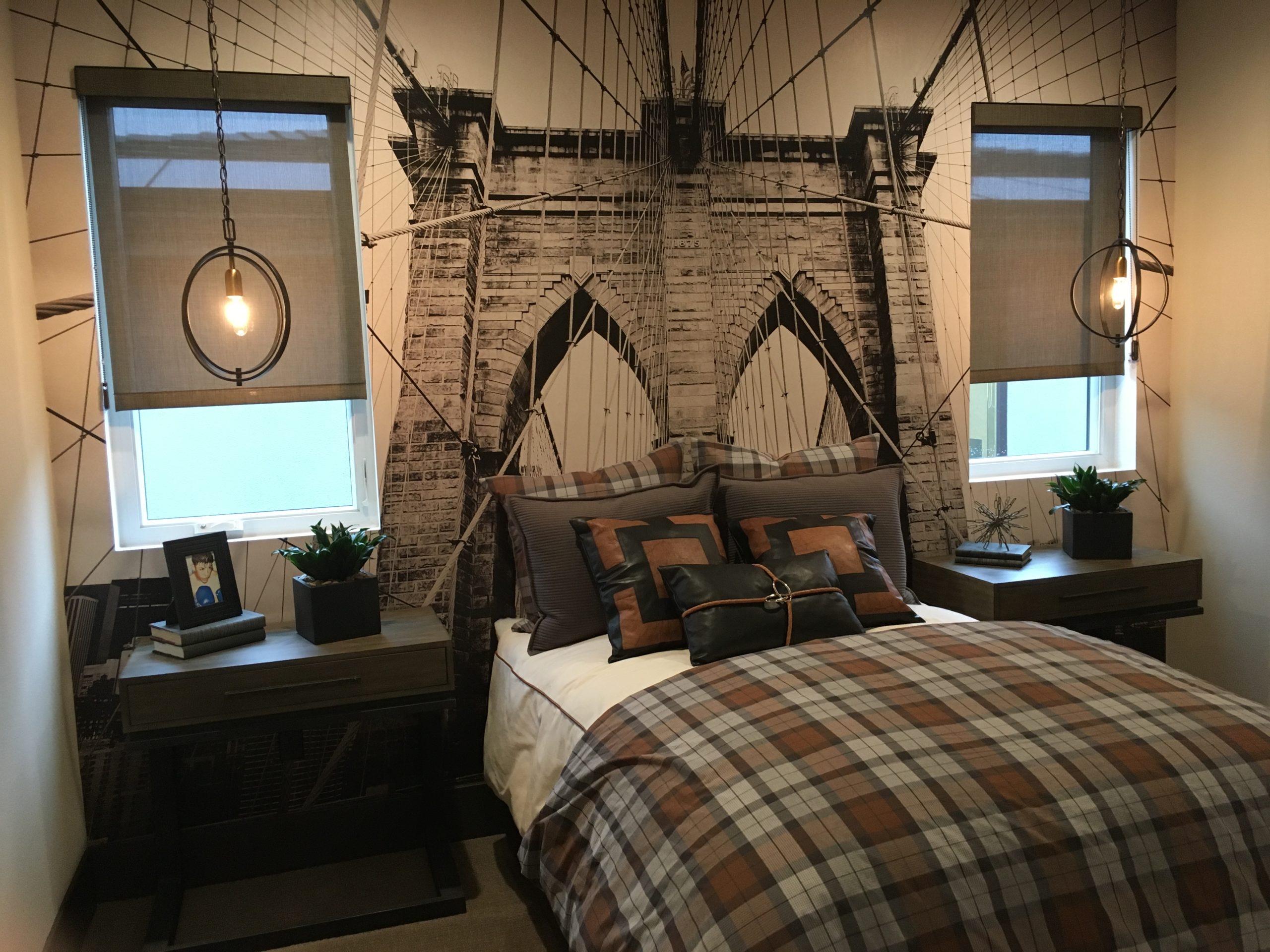 Fabric roller shades in a bedroom